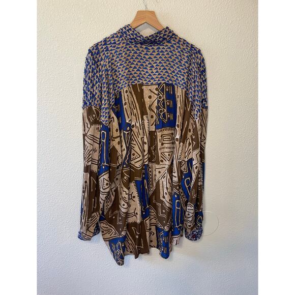 VTG Audrey Jones Beaded Boho Tribal Print Brown & Blue Oversized Button Up 1X - Picture 2 of 14